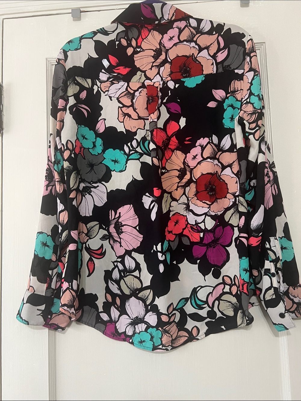 Express Floral Button-Down Shirt in Black, Teal, Coral, Pink - Picture 3 of 5